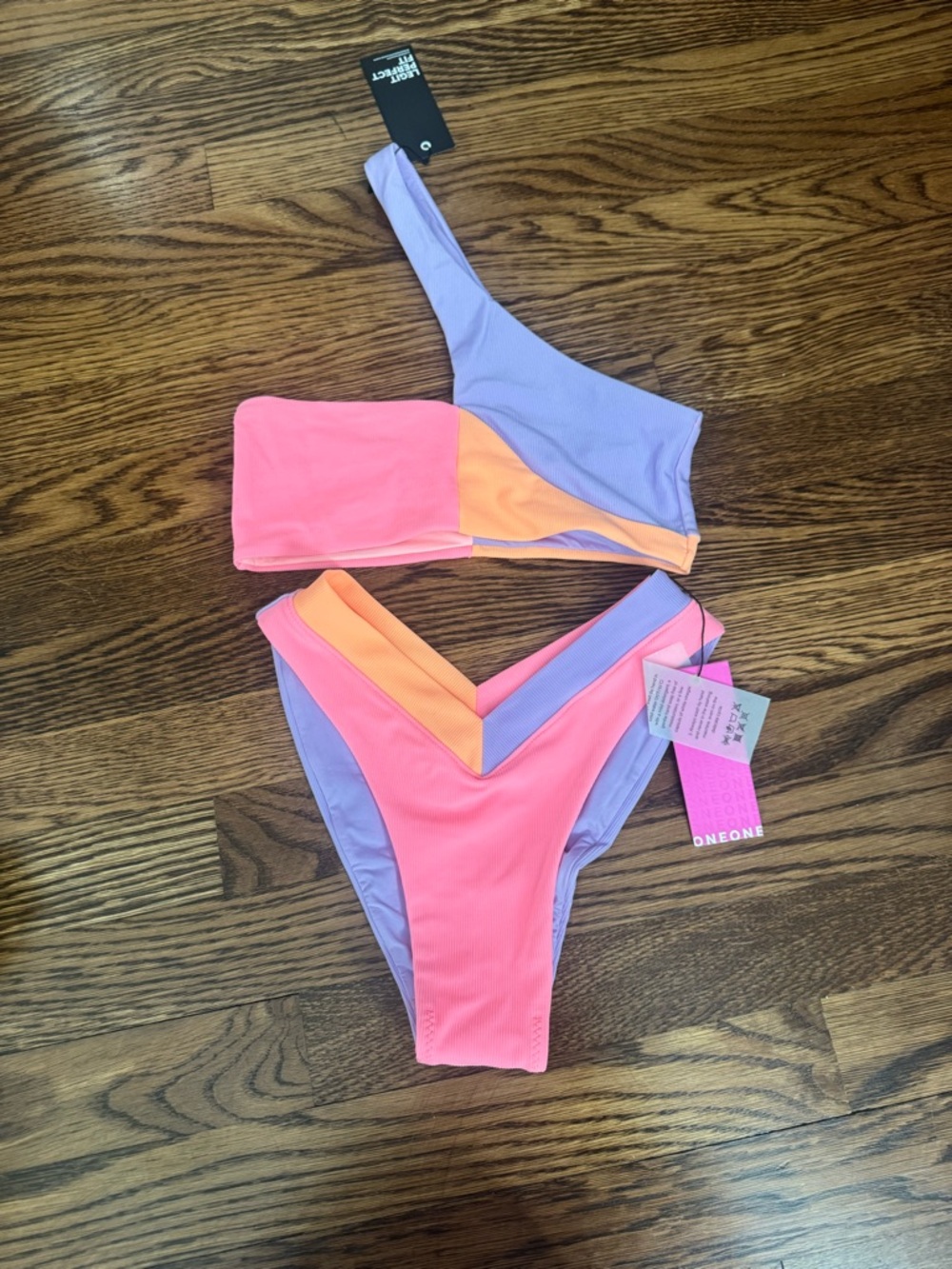 Oneone Colorblock Asymmetric Bikini Set - Neon Pink, Lavender & Peach Size Small